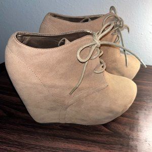 Bamboo Womens Beige Suede Lace up Wedge boots, Size 7